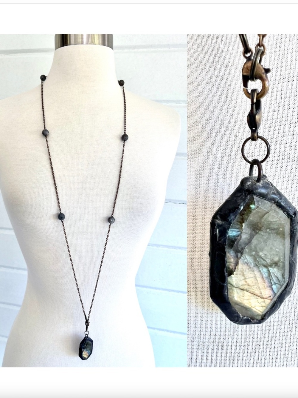 Long Chain Necklace with Labradorite Stones and Medallion